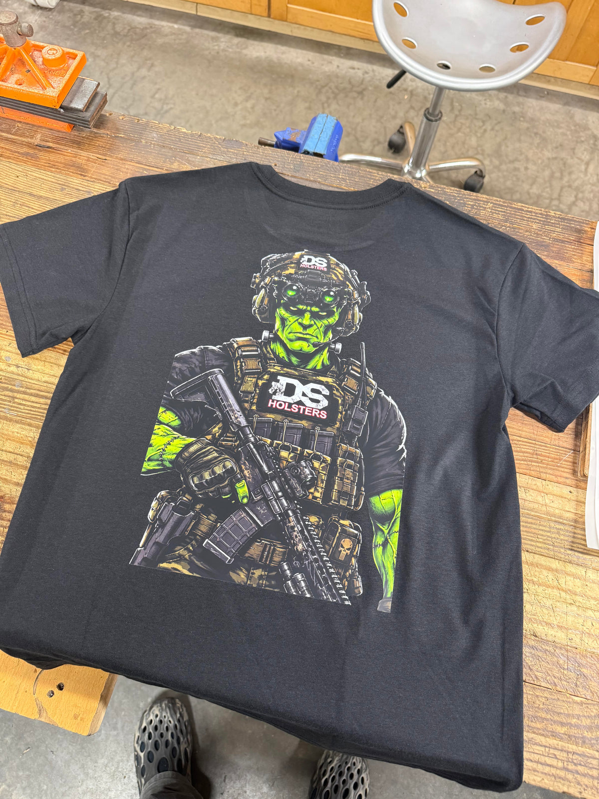 DS Holsters black shirt with tactical Frankenstein back graphic